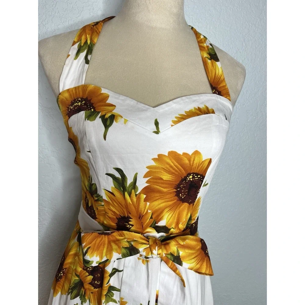 Topdress 1950s Halter Retro Cocktail Dress Sunflower Lace Up Corset Back M - Picture 2 of 10